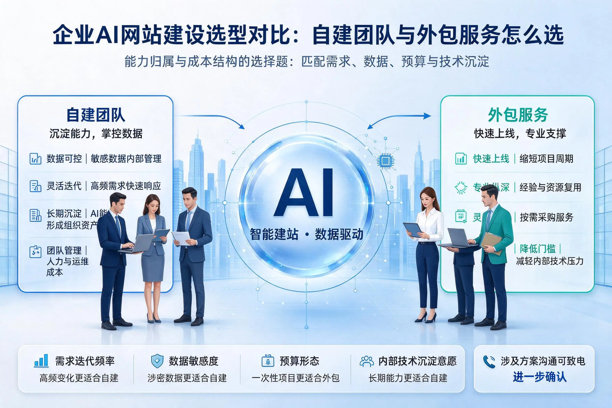 丹东企业AI网站建设选型对比:自建团队与外包服务怎么选